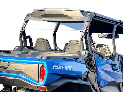 Spike rear windshield for Can-Am Maverick Trail 800/1000: rear windshield on a blue Can-Am, rear corner view