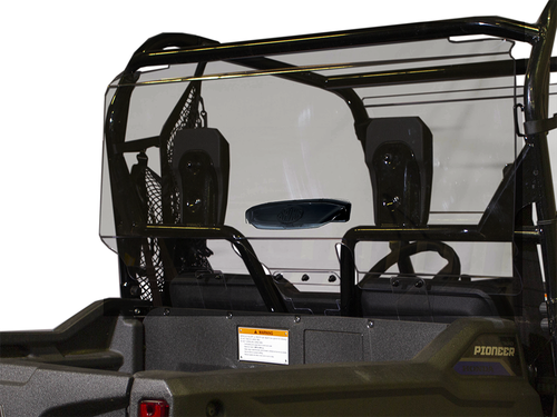 Spike rear windshield for Honda Pioneer 700 and 700-4: tinted rear windshield on a Honda Pioneer, rear corner view