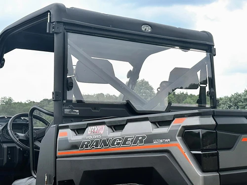 Spike rear windshield for Polaris Ranger XP 1000: rear windshield installed on a Polaris Ranger, rear view