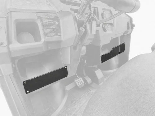 SCM dash panel kit for Polaris Ranger 500: black dash panels highlighted on a faded UTV lower dash