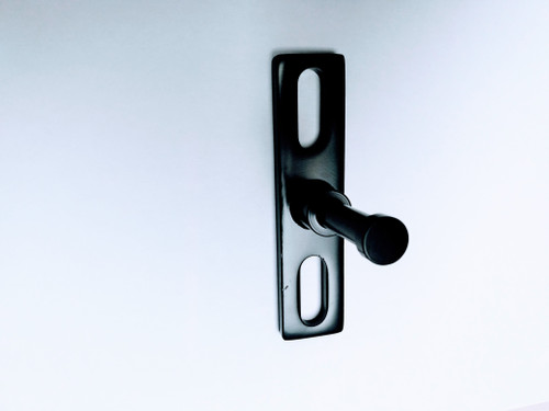 Spike replacement part for Spike 58-9800 Ranger XP 1000 door kit: black striker plate with pin, front view on white...