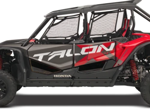 Spike door inserts for Honda Talon 1000X-4: tinted lower door inserts on a red Honda Talon 4-seat, side view