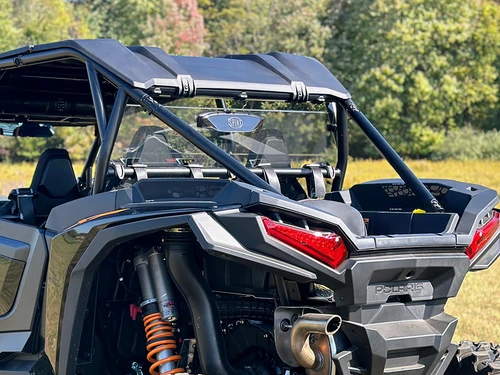 Spike rear windshield for Polaris RZR XP 1000 and XP 4 1000: tinted rear windshield on a black Polaris RZR, rear...
