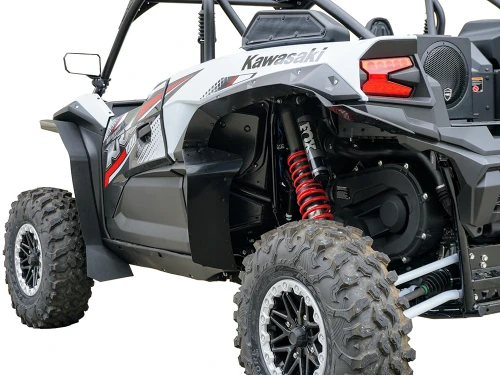 Spike fender flares for Kawasaki Teryx KRX 1000 2-seat with standard fenders: rear fender flare on a white Kawasaki, rear...
