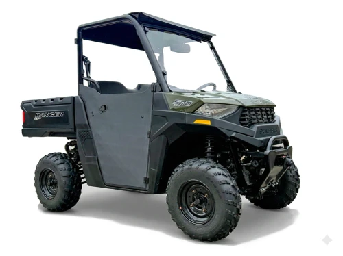 SCM door kit for Polaris Ranger SP 570 2-seat: black half doors on a green Polaris Ranger, white background