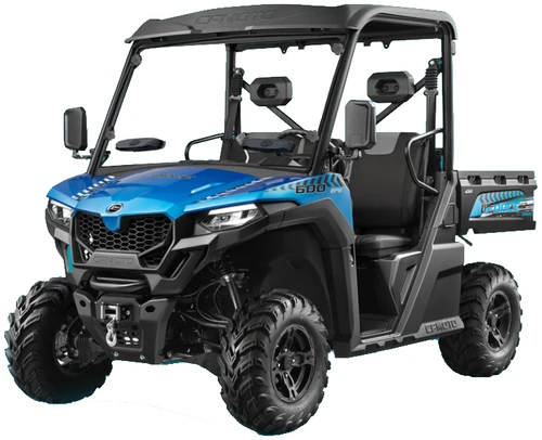 Spike windshield for CFMOTO UForce 600 and UForce 800 XL: vented windshield on a blue CFMoto UForce, white background