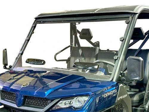 Spike windshield for CFMOTO UForce 1000 and UForce 1000 XL: dual vent windshield on a blue CFMoto, front corner view