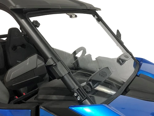 Spike windshield for CFMOTO ZForce 800 Trail: vented windshield on a blue UTV, side front view on white