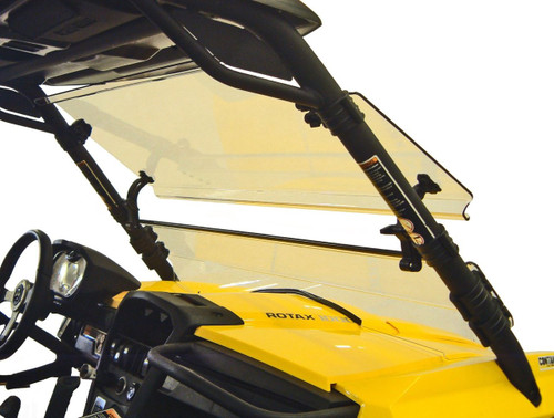 Kolpin full tilting windshield tilted open on a yellow Can Am Commander, side view showing the cage clamps