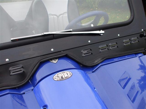 Close-up of the manual wiper and black steel frame on the Extreme Metal Products glass windshield for the Yamaha Rhino