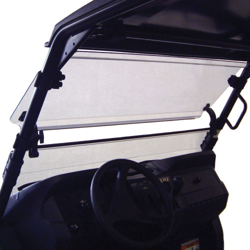 Kolpin full-tilt windshield tilted open on a John Deere XUV550/RSX850i, front view above the dash