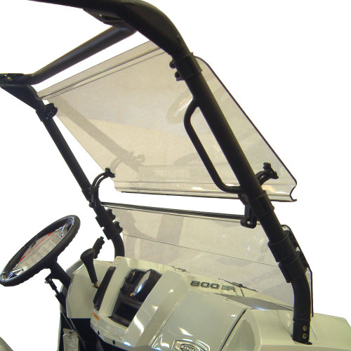 Front three-quarter view of the Kolpin full tilt windshield with the upper section open on the Polaris Ranger