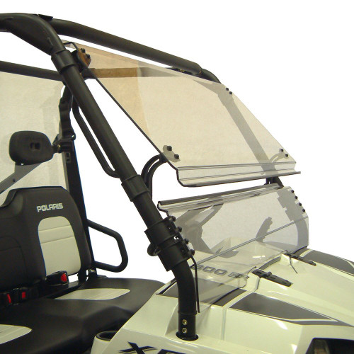 Kolpin full tilt windshield on a white Polaris Ranger 800 with the upper panel tilted open, side view