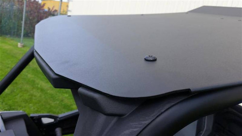 Extreme Metal Products black aluminum rally top mounted on a Polaris RZR roll cage, close-up from above