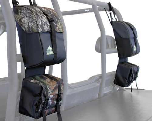 ATV-Tek Arch Series camo and black roll cage bags hung on the rear cage of a UTV behind the seats