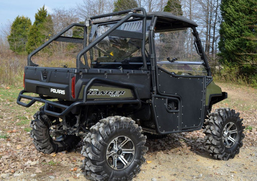 Rear three-quarter view of the black Polaris Ranger full size with the SuperATV rear bumper and cab enclosure