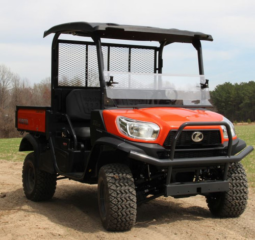 Front three-quarter view of the orange RTV-X with the Seizmik Versa Fold windshield upper half folded down
