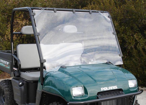 Seizmik clear acrylic windshield installed on a green Polaris Ranger, front three-quarter close view over the hood