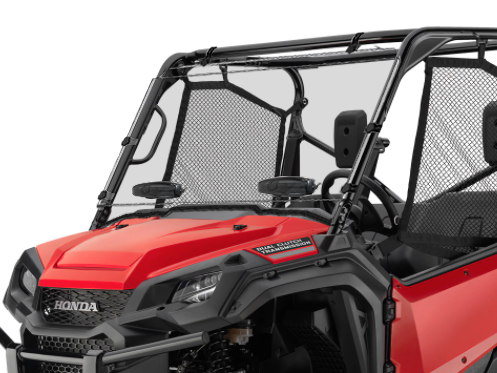 Spike windshield for Honda Pioneer 1000 and 1000-5: vented windshield on a red Honda UTV, front corner view