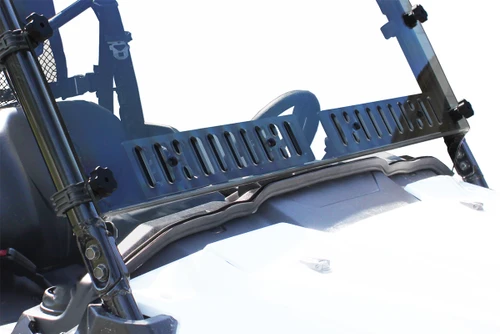Close-up of the Spike Powersports dual vent panel at the base of the Honda Pioneer 1000 windshield