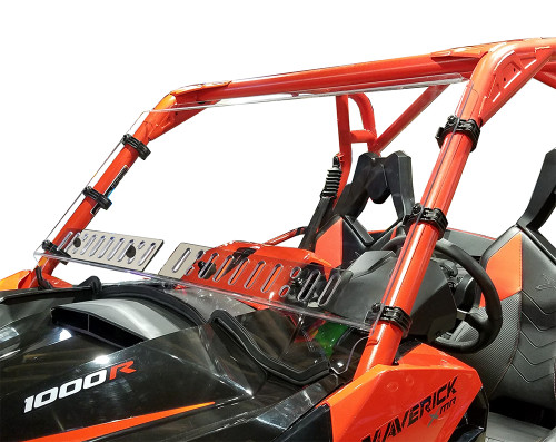 Spike Powersports vented windshield with dual sliding vents on an orange Can-Am Maverick, side three-quarter view