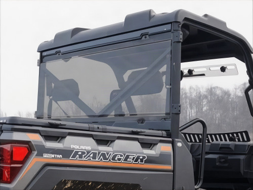 Spike Powersports tinted rear window on a black Polaris Full-Size Ranger with Pro-Fit cage, rear three-quarter view