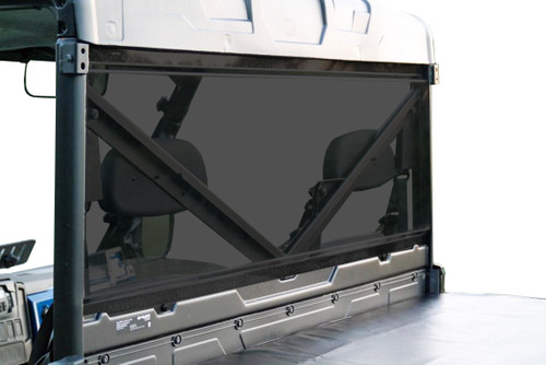 Straight rear view of the Spike Powersports tinted rear window from the Ranger cargo bed, studio shot with machine faded