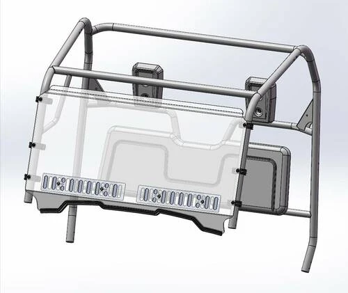 Rendering of the Spike Powersports dual venting windshield mounted on the Honda Pioneer 700 cage, angled view