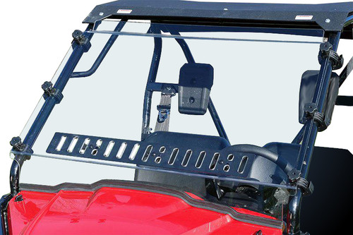 Spike Powersports full venting windshield on a red Honda Pioneer 500, front view showing the lower vent strip
