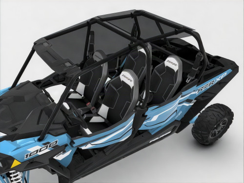 Rendering of the Spike Powersports tinted poly hard roof on a blue four-seat Polaris RZR, seen from above