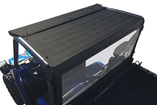 Rear three-quarter view of the Spike Powersports hard roof on the blue Polaris Ranger with rear window