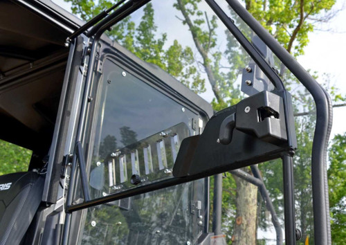 SuperATV vented door swung open on the Polaris Ranger Crew showing the hinge and latch at the cage