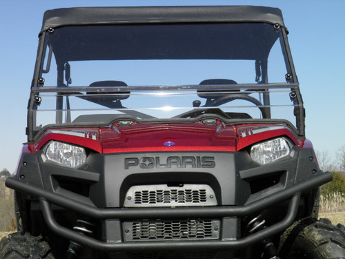 3 Star two-piece windshield installed on a red Polaris Ranger, straight-on front view showing the center seam