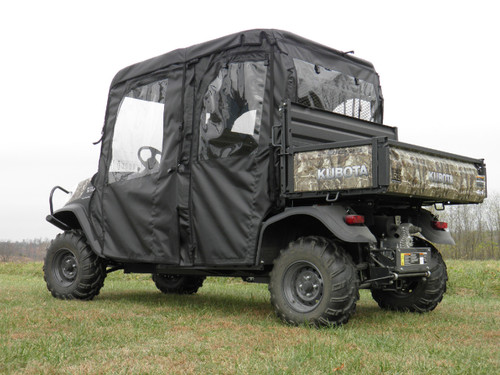 3 Star full cab enclosure for hard windshield on a camo Kubota RTV1140 four-seater, rear three-quarter view