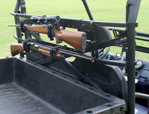 Great Day Power-Ride gun rack holding two scoped rifles across the back of a UTV cab above the bed