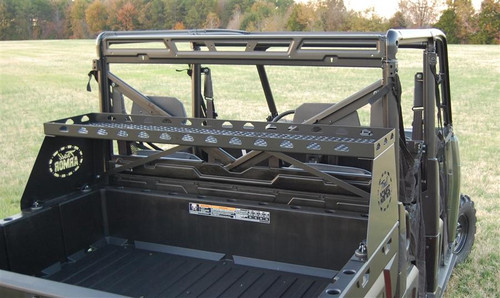 Rear view of the Polaris bed with the Trail Armor small rear storage rack across the front of the box