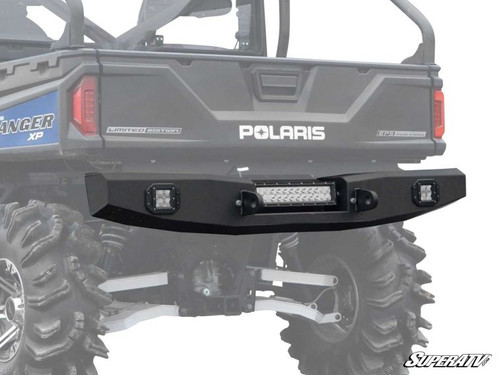 SuperATV rear bumper with LED light bar and cube lights on a blue Polaris Ranger XP, rear close-up