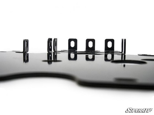 Edge view of the SuperATV Polaris Ranger frame stiffener plate showing the welded mounting tabs