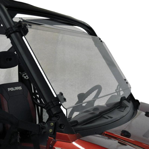 Direction 2 tilting windshield for Polaris full-size Pro-Fit Rangers: windshield installed on a red Polaris Ranger, front...