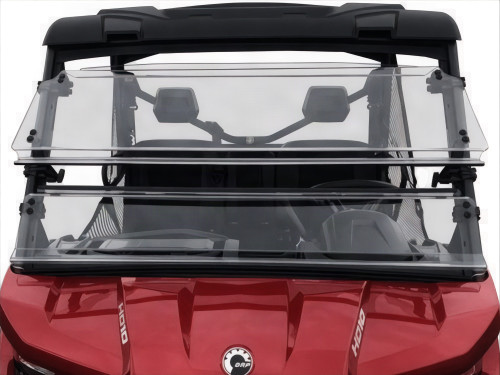 Spike Powersports full-tilting windshield tilted open on a red Can-Am Defender, straight front view over the hood