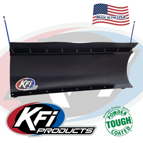 KFI Pro-Poly 72-inch plow blade for Can-Am, black poly blade with blue marker flags, angled front view