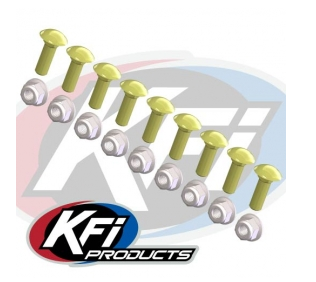 KFI wear bar mounting hardware, eight yellow zinc carriage bolts with flange nuts laid out in a row
