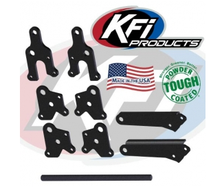 KFI 4-inch UTV plow lift kit, black steel riser brackets, link arms and pivot rod laid out on white