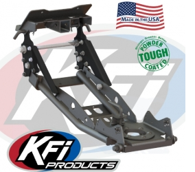KFI 4-inch plow lift kit brackets installed on a KFI plow push tube frame, angled view