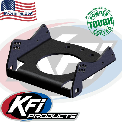 Black KFI UTV plow cradle, flat steel plate with raised side ears and center cutout, on white