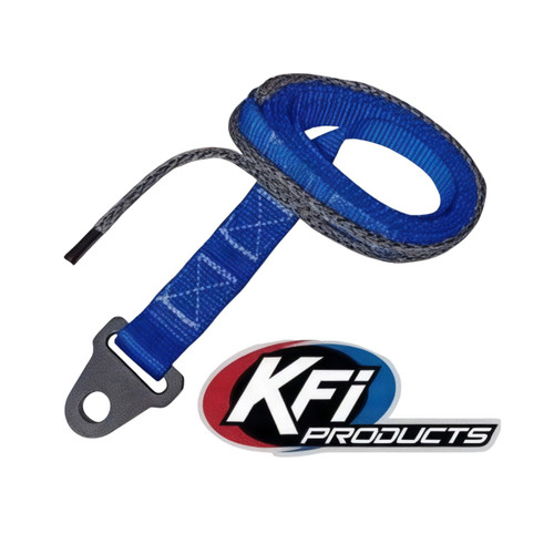 KFI plow strap, blue webbing with synthetic rope loop and black bracket end, coiled on a white background