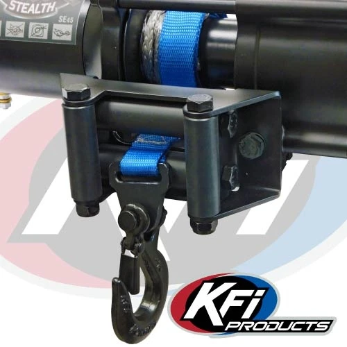KFI plow strap threaded through the fairlead of a KFI Stealth winch with the hook attached, close-up