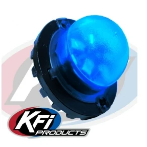 KFI LED strobe light with blue dome lens and black round base, angled view
