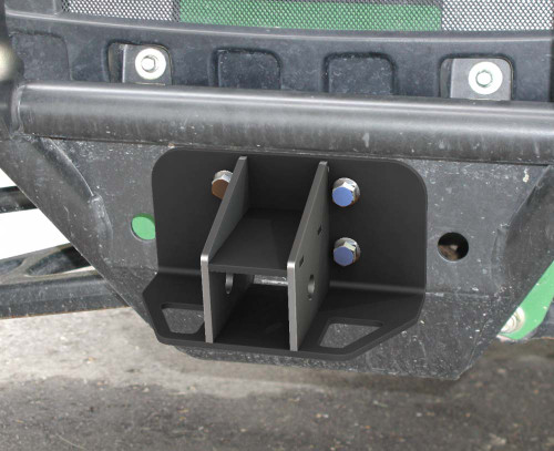 KFI 2 inch receiver hitch installed in the front bumper of a John Deere Gator, close view of the mounted receiver