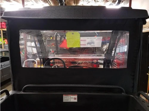 Rear view of the Side X Side cab enclosure back panel with clear window over the Hisun Sector 450 cargo bed